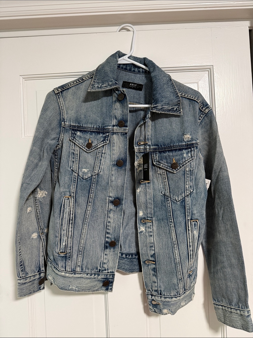 NWT Able Light Blue Distressed Denim Jean Jacket